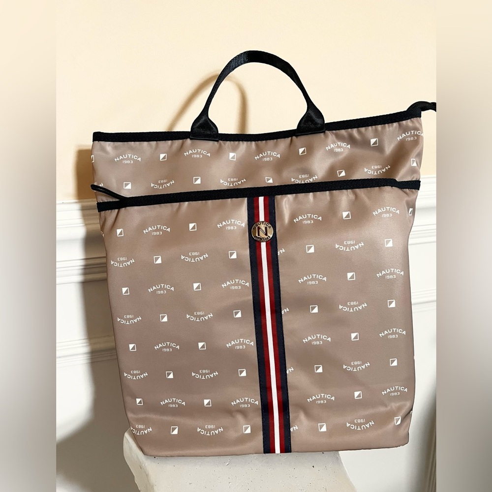 Nautica, Sleek & feminine Laptop Tote/Backpack. Tan, Navy and Red Stripes.
